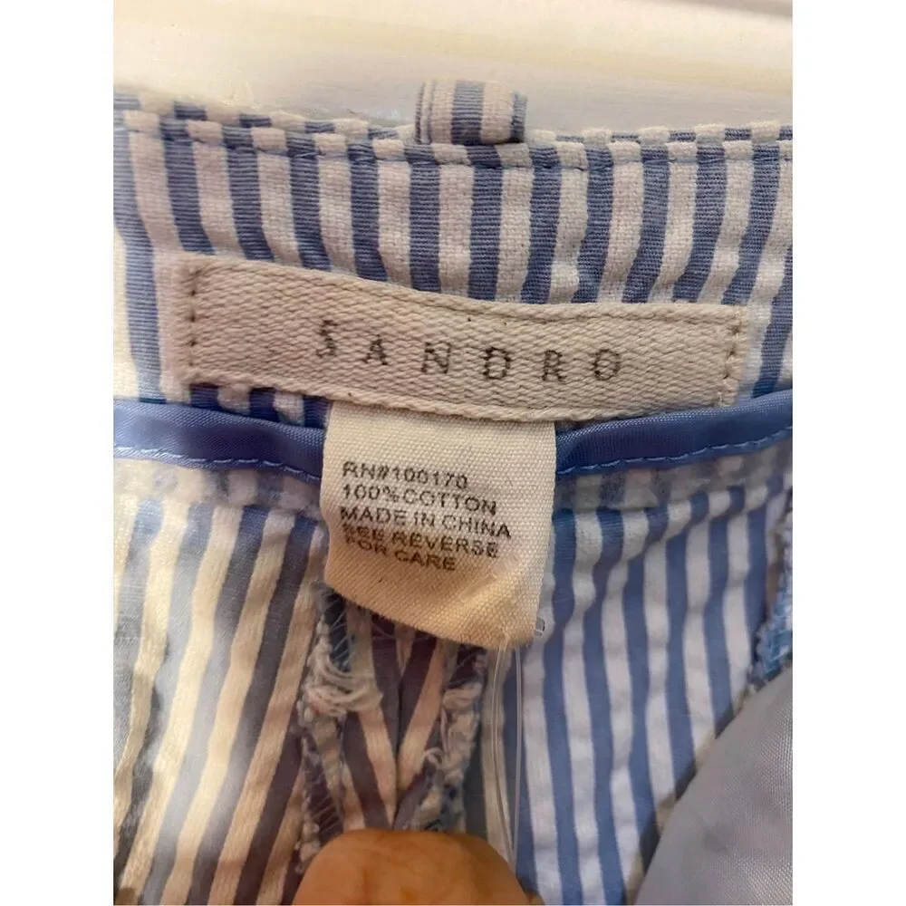 Sandro women’s seersucker blue and white striped shorts 100% cotton M